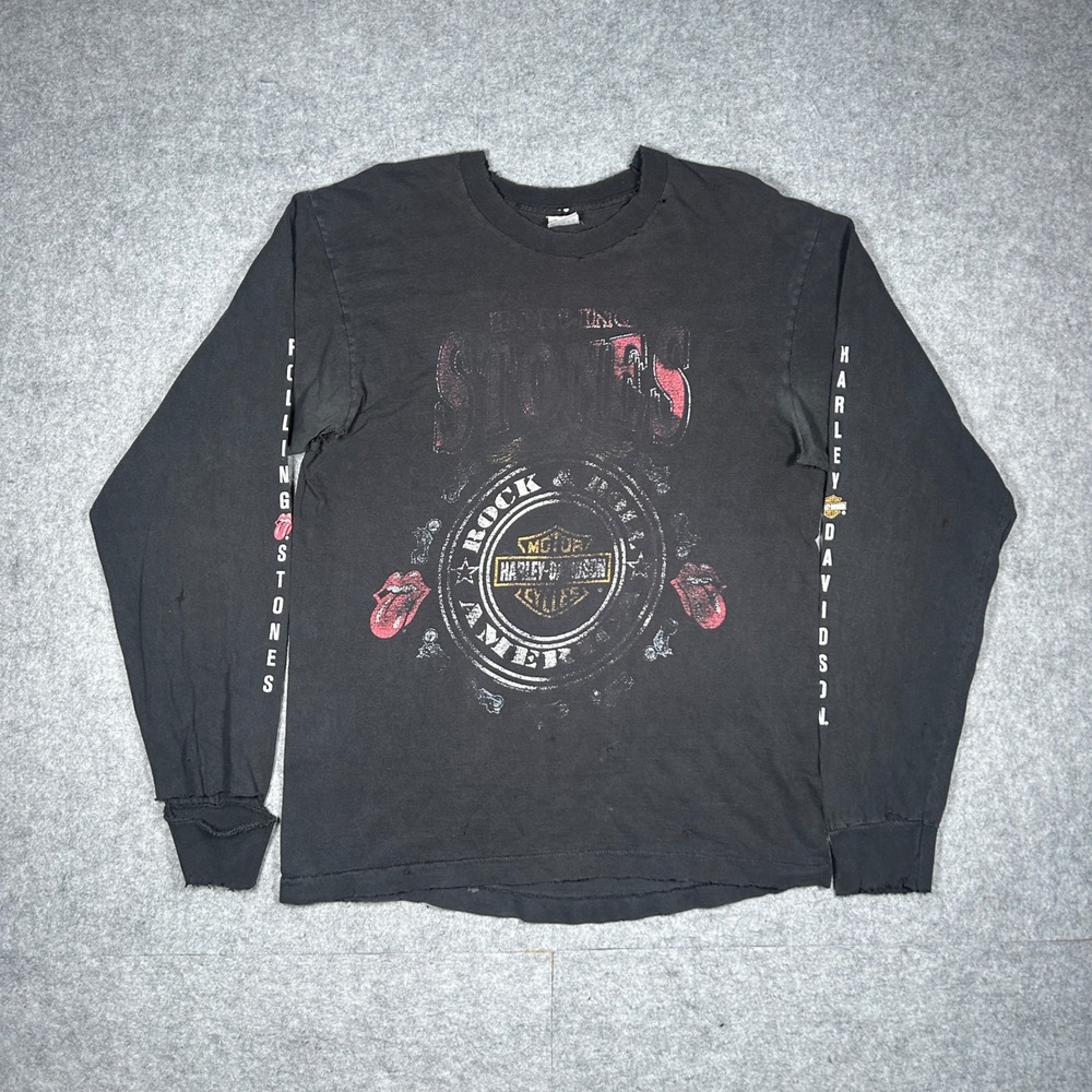 Harley Davidson Rolling Stones T Shirt Men Large Black Band Tee INSANE Thrashing